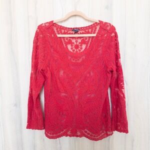 Express Womens Lace Sheer Top Size L Red Floral Romantic Boho Coquette Feminine